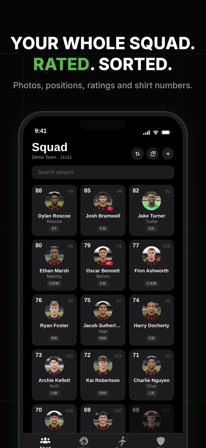 Squad screen with rated player cards