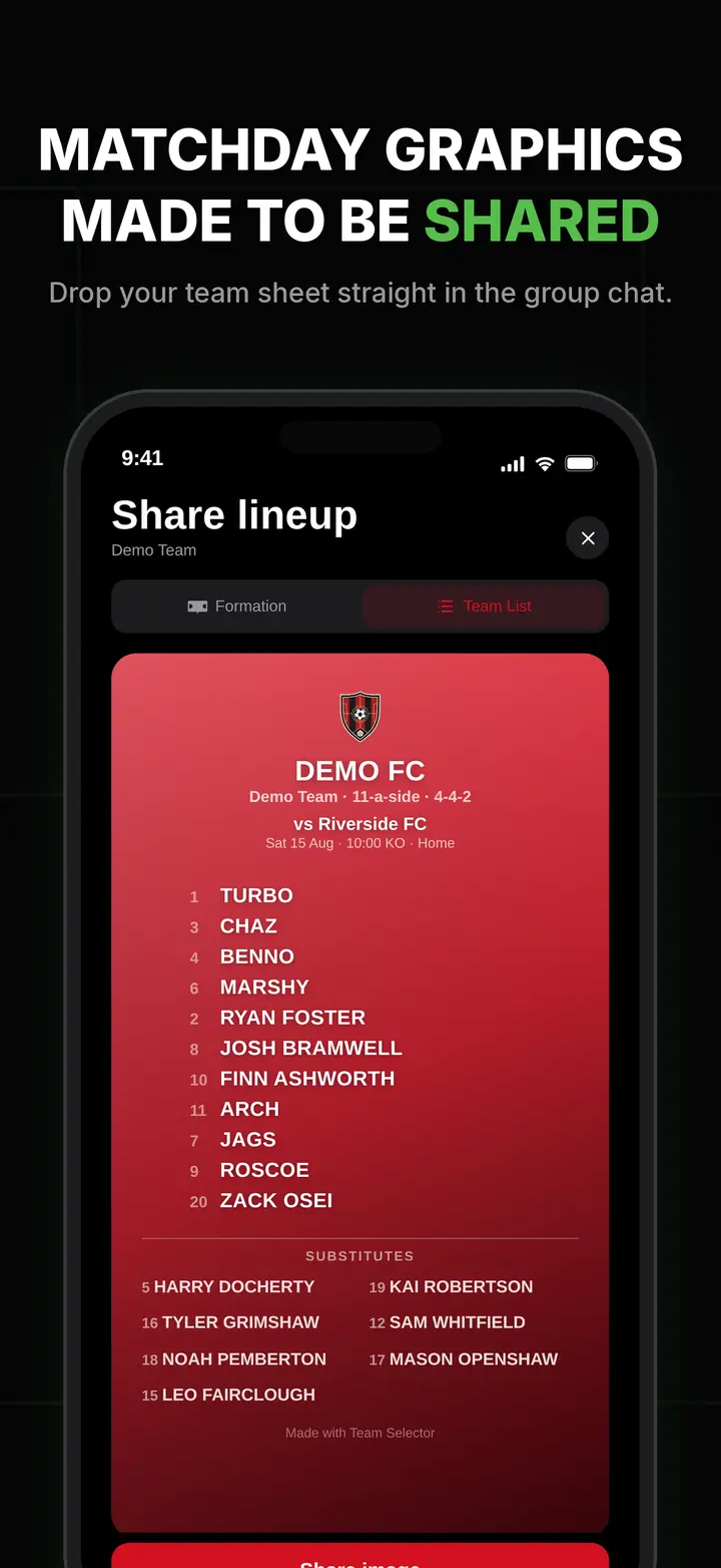Shareable team sheet graphic with club badge and kit