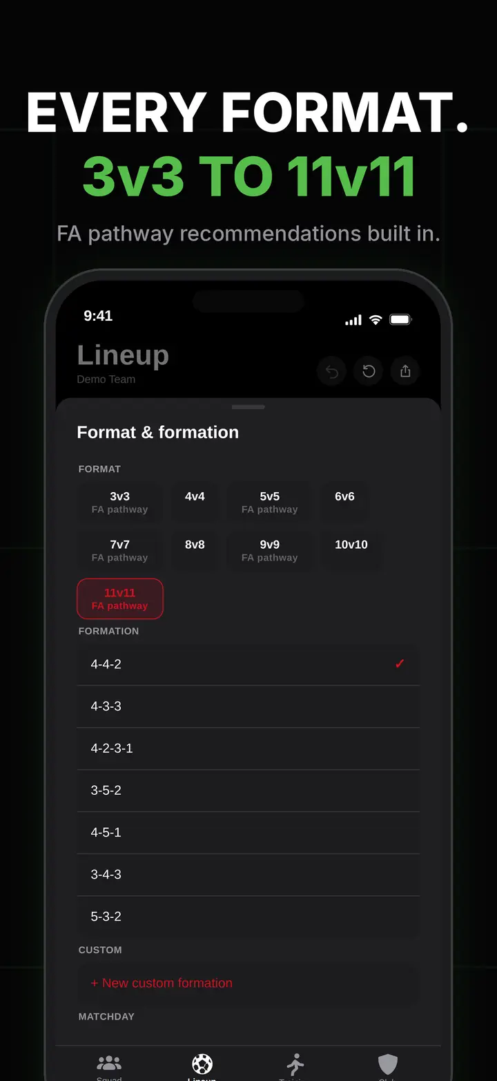 Format picker showing FA pathway recommendations from 3v3 to 11v11