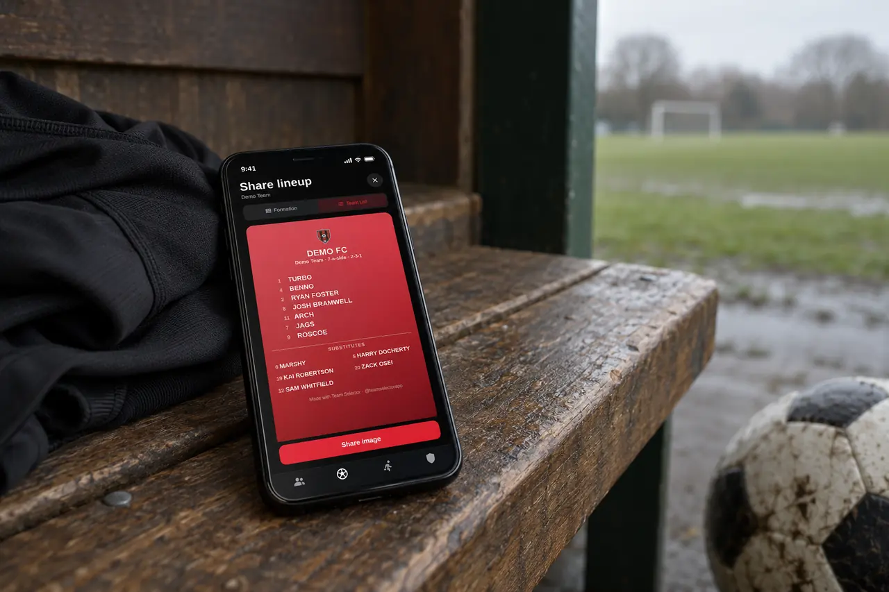 Phone on a wooden dugout bench showing a red club team-list graphic ready to share