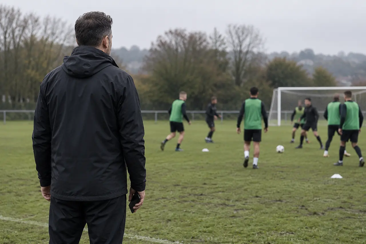 A coach in a plain black jacket watching a training session from the touchline