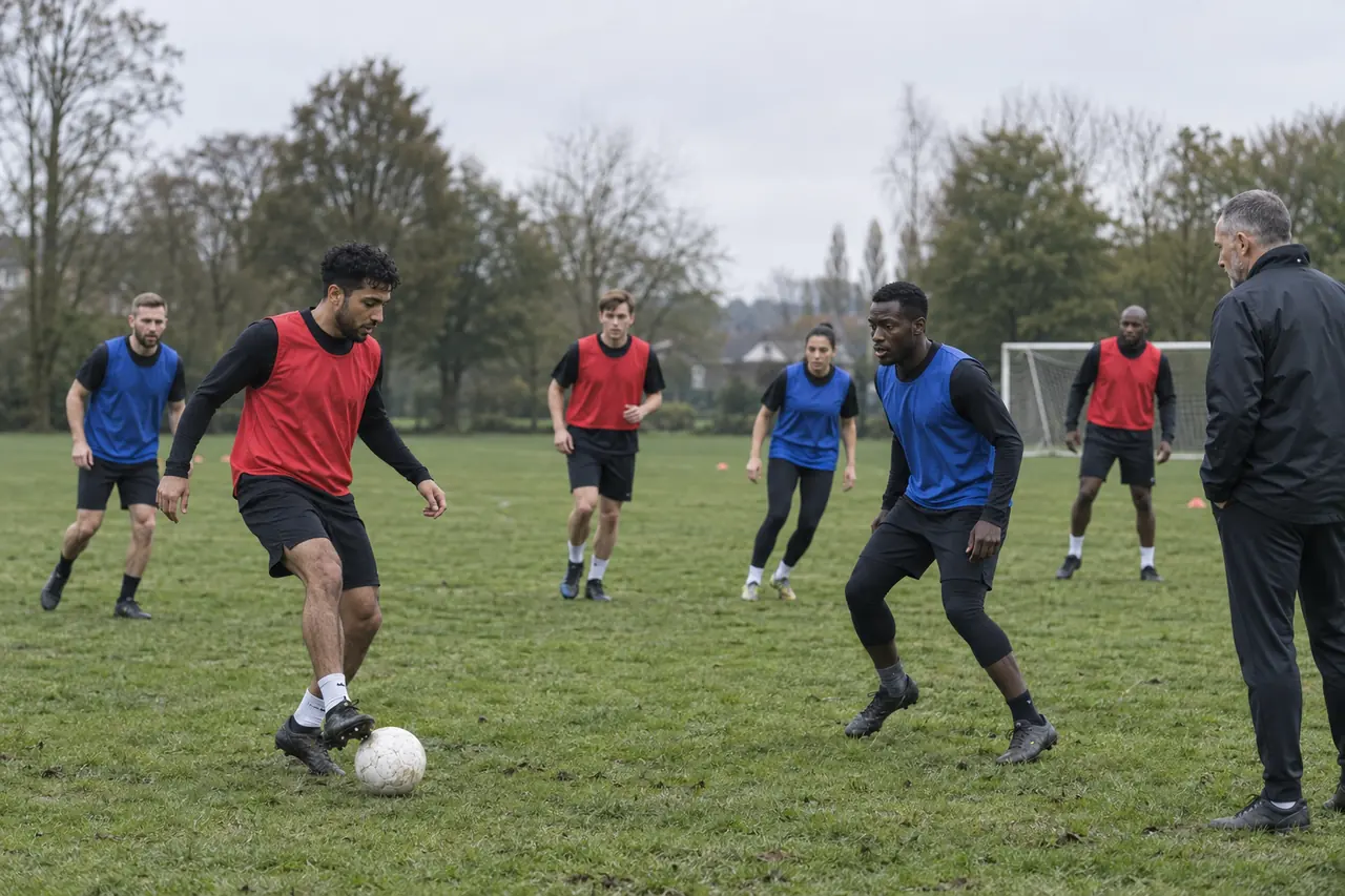 Players in red and blue bibs during a small-sided training game